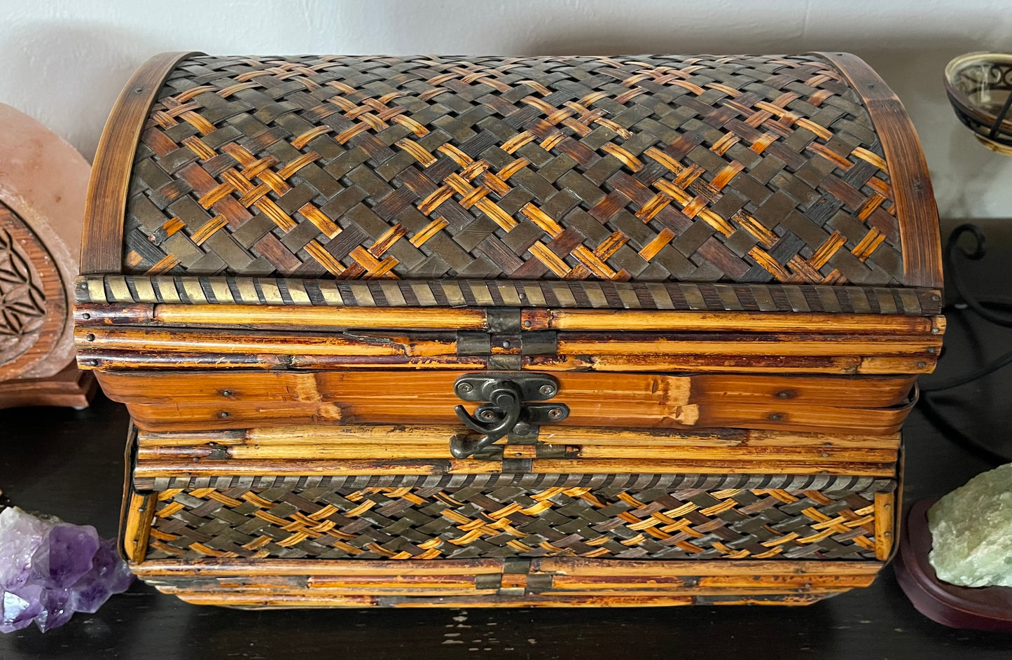 Handsome Large Vintage Wicker and Metal Wrapped Trunk, Bodhi Vintage