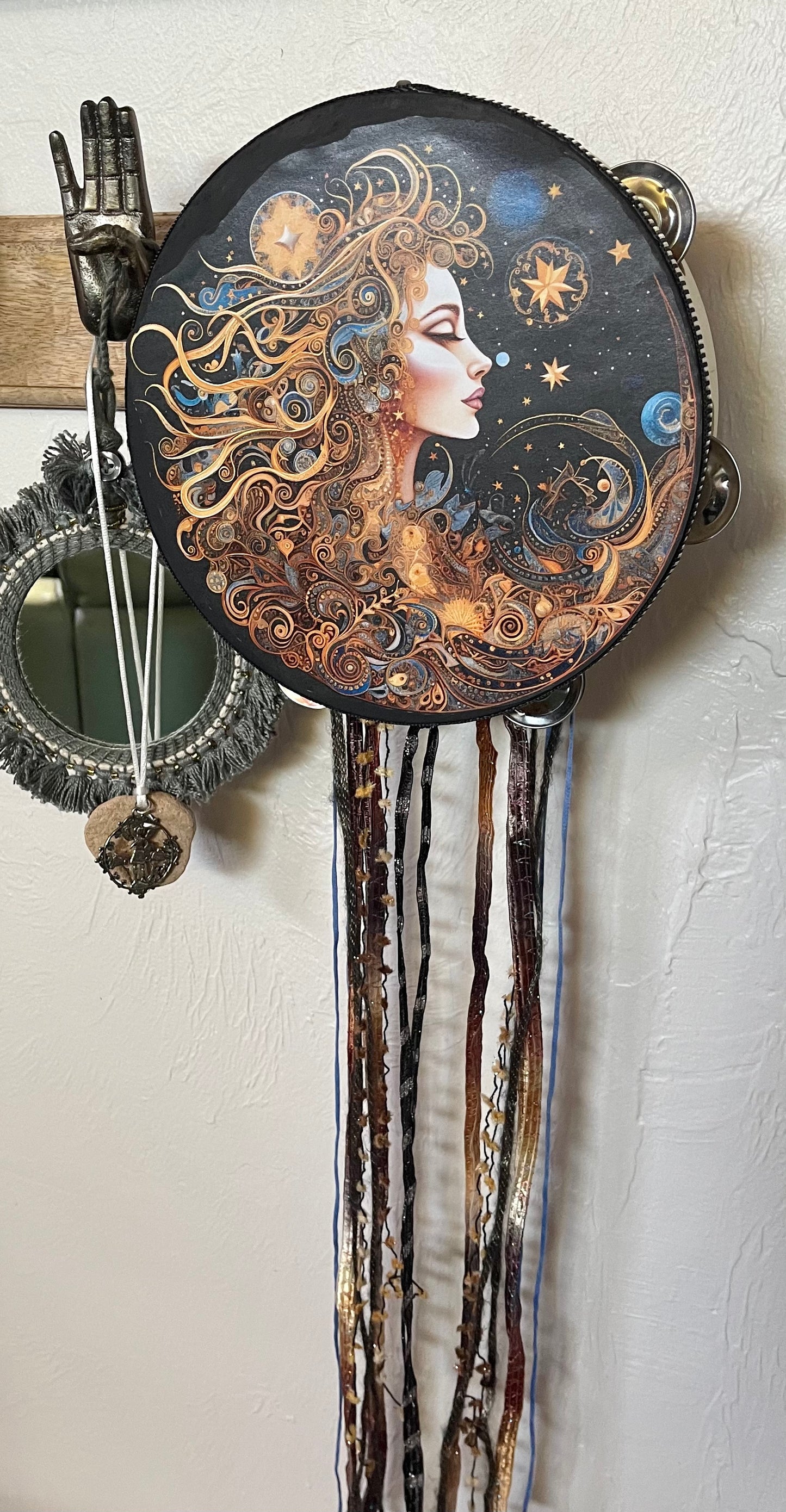 Mystical Moon Goddess Tambourine and Ribbon Wall Art, Bodhi Goddess