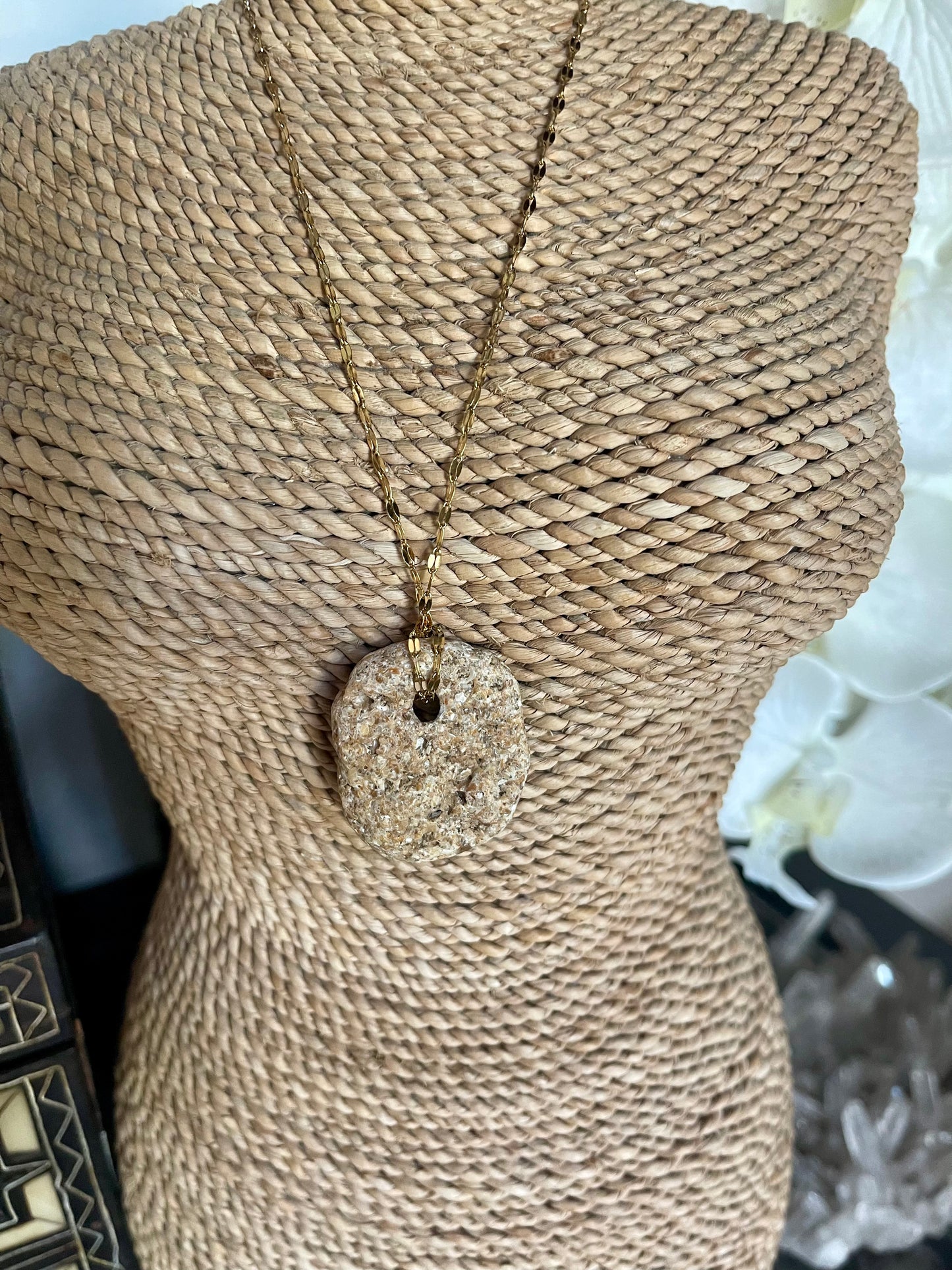 Hand Chosen Hag Stone with Gold Plated Chain Necklace, Bodhi Jewelry