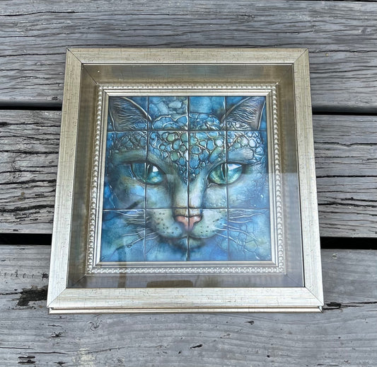 Limited Edition Stone Cat Art Print on Decoupage Rice Paper in Heavy Shadow Box Frame, Bodhi Home Decor