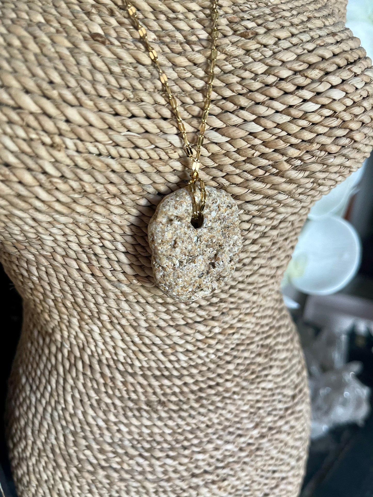 Hand Chosen Hag Stone with Gold Plated Chain Necklace, Bodhi Jewelry