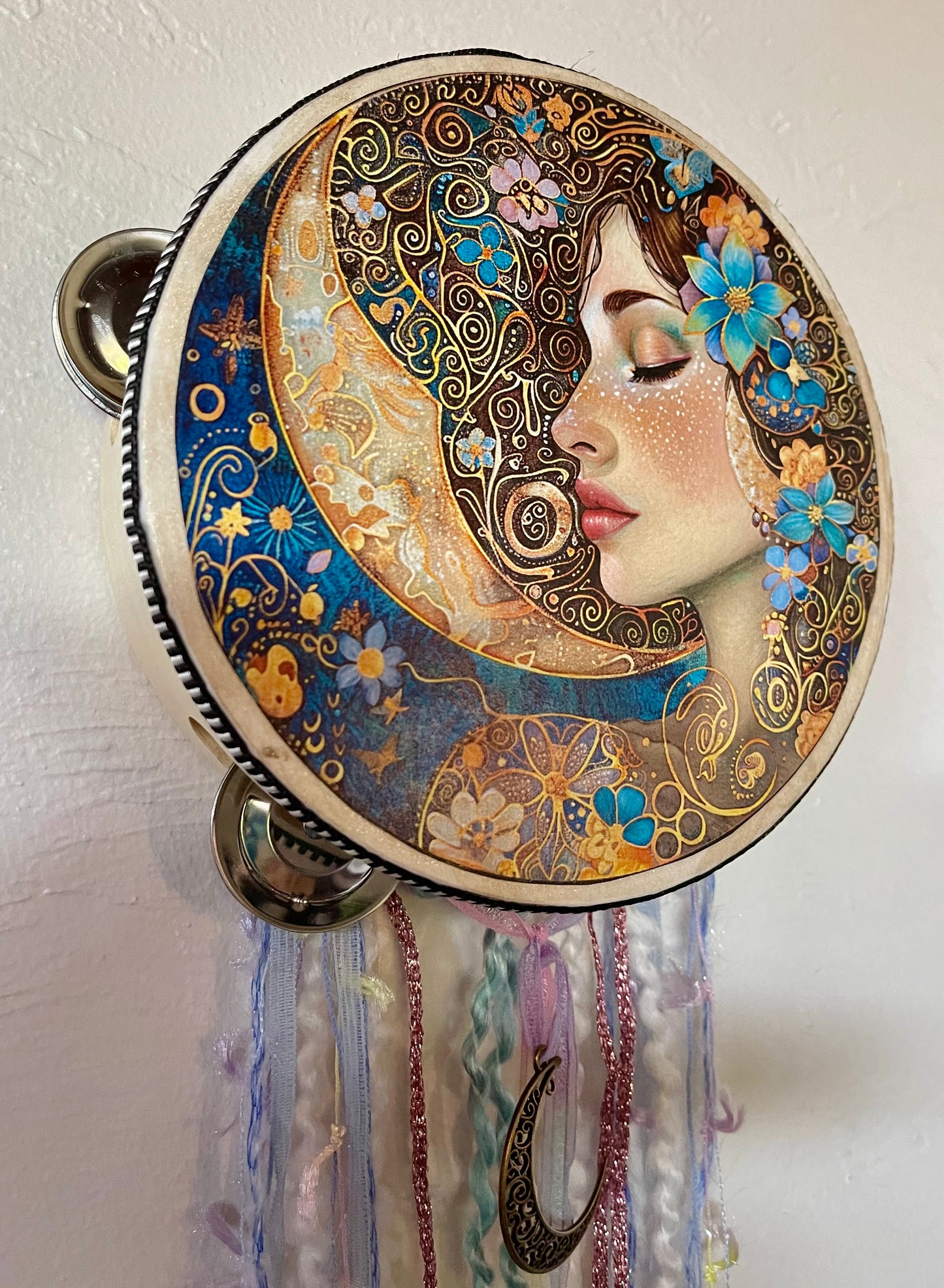 Charmed Lady of The Moon, Original Art, Tambourine and Ribbon Wall Hanging, Bodhi Magic, Moon Charm