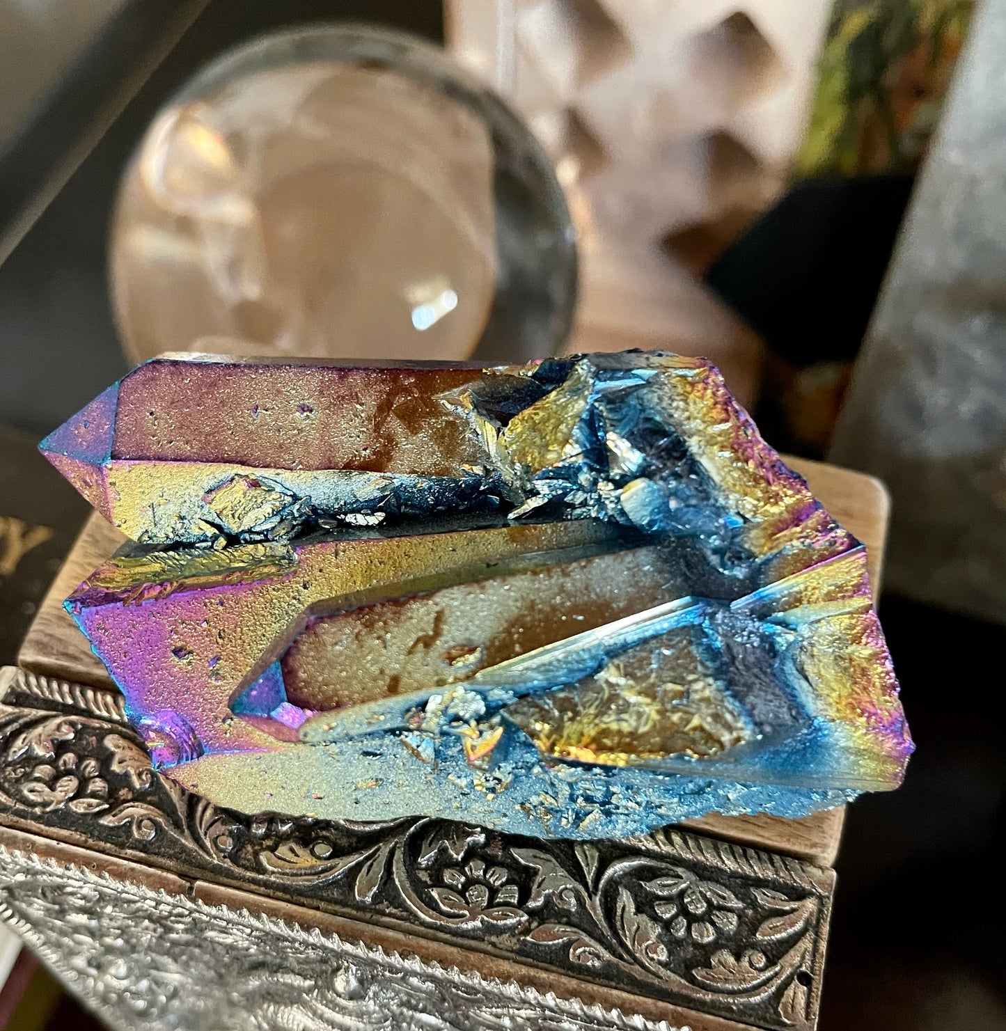 Unique Rainbow Aqua Aura Quartz Crystal Cluster, Crystal Magic