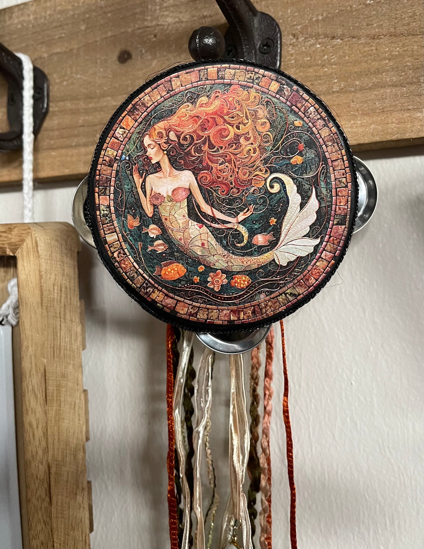 ribbon wall art, mermaid art, mermaid tambourine, tambourine wall art, tambourine hanging, Bodhi Leaf Market