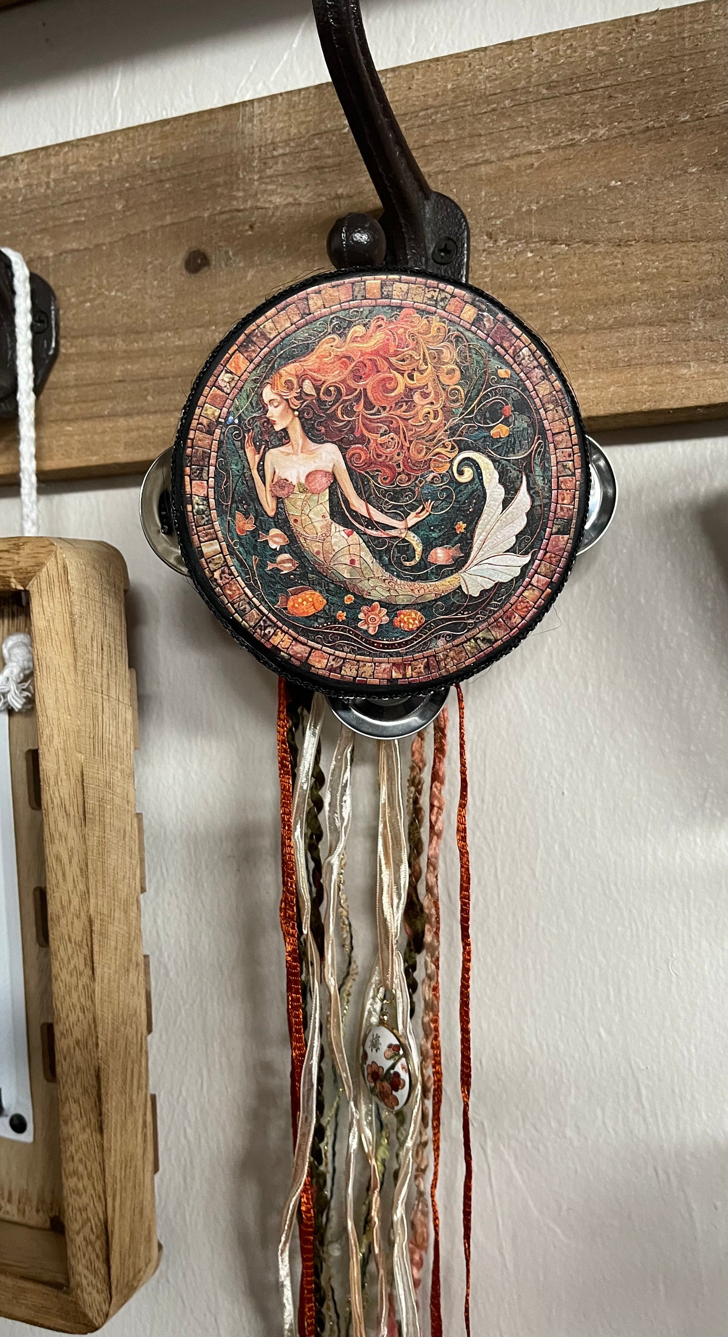 Charmed Mermaid Tambourine Art, Original Artwork, Decoupage, Mermaid, Mystical Vintage Mermaid, Vintage Cloisonne Charm