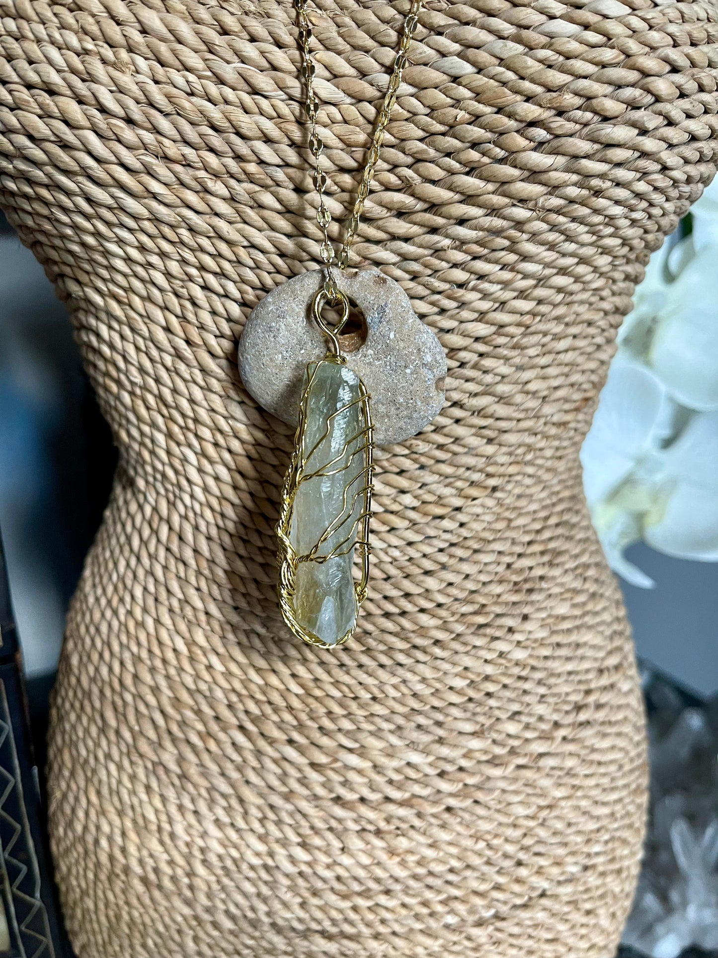 Wrapped Pariosilite and Hag Stone Necklace, Bodhi Jewelry