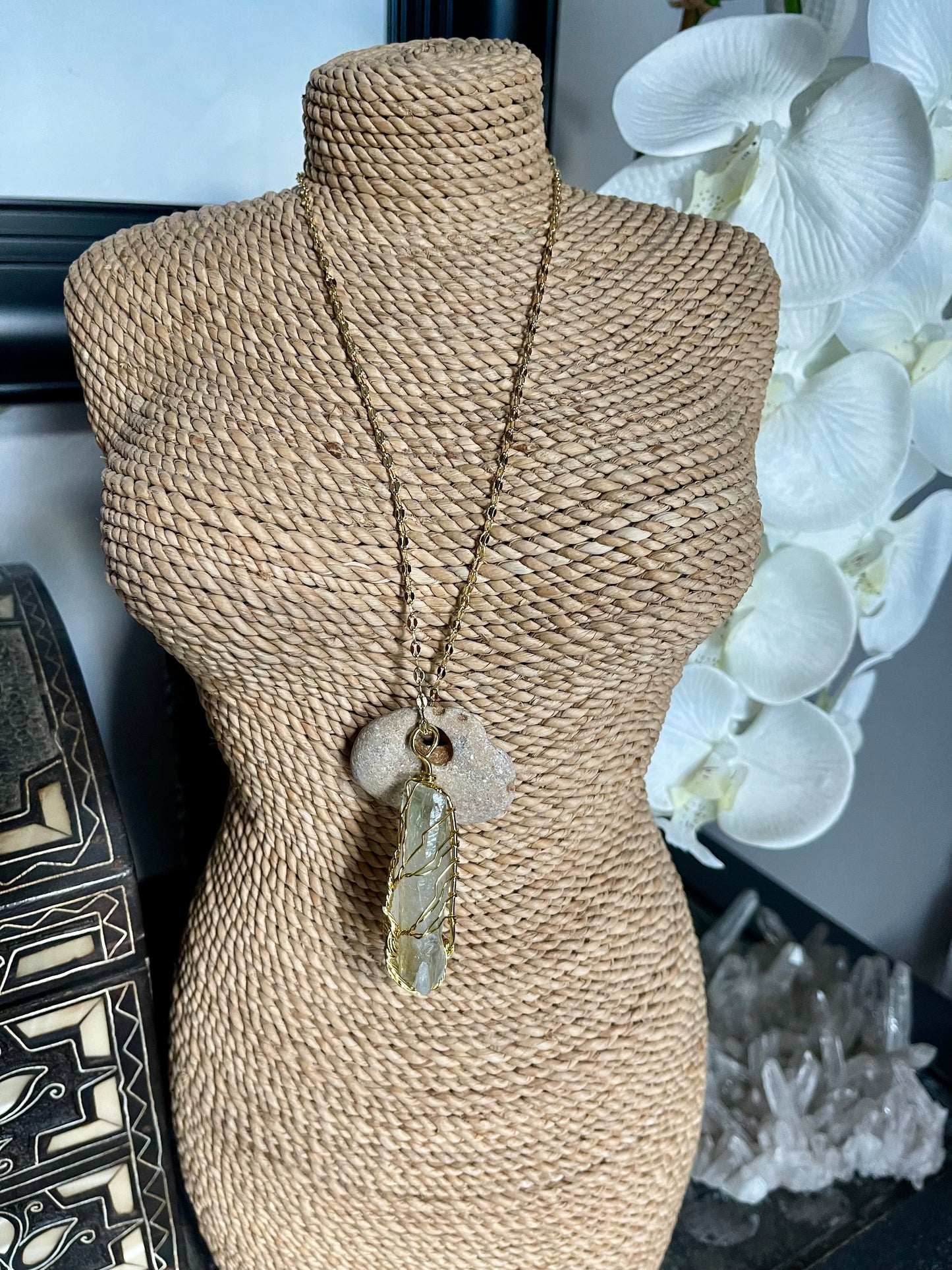 Wrapped Pariosilite and Hag Stone Necklace, Bodhi Jewelry