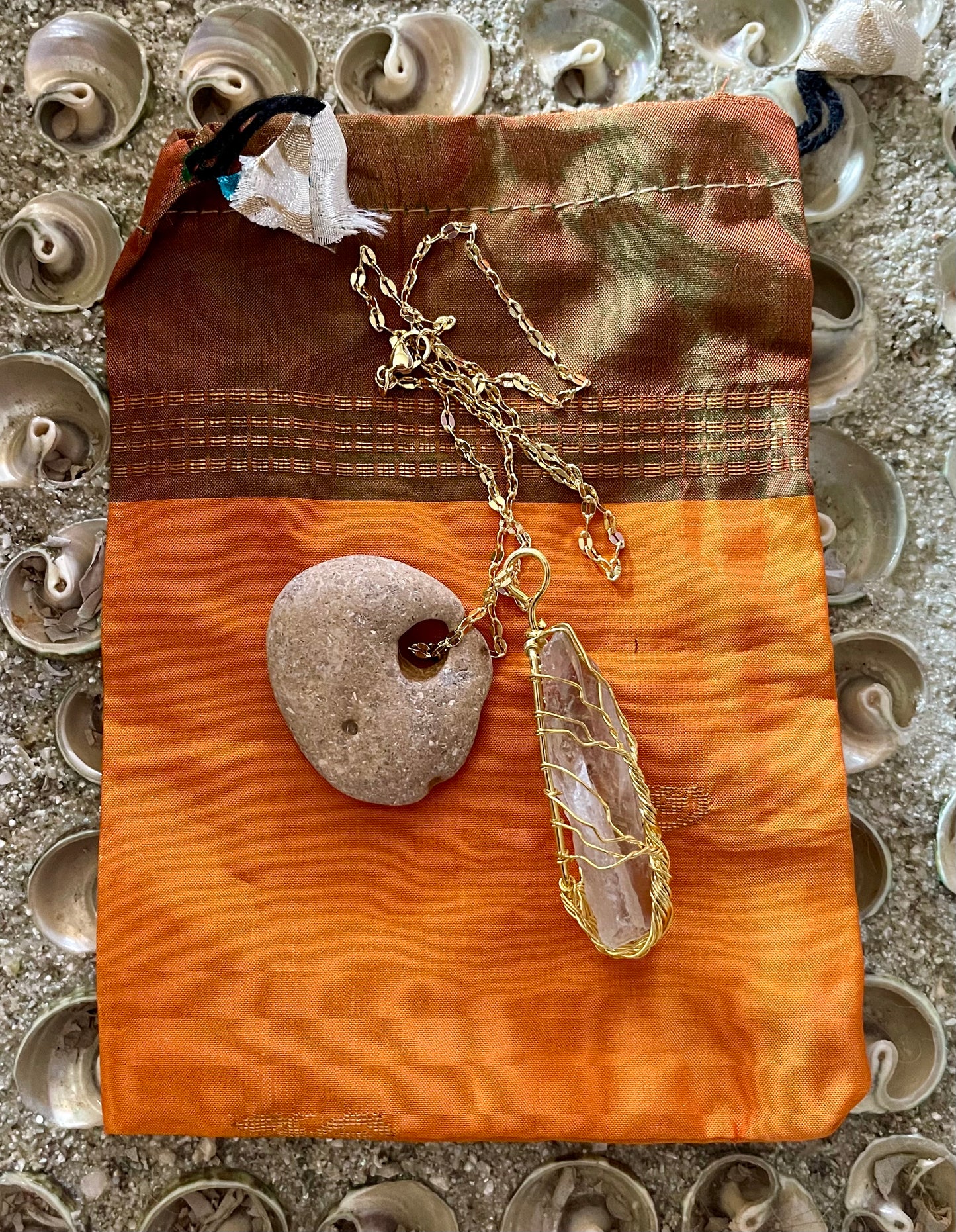 Wrapped Pariosilite and Hag Stone Necklace, Bodhi Jewelry