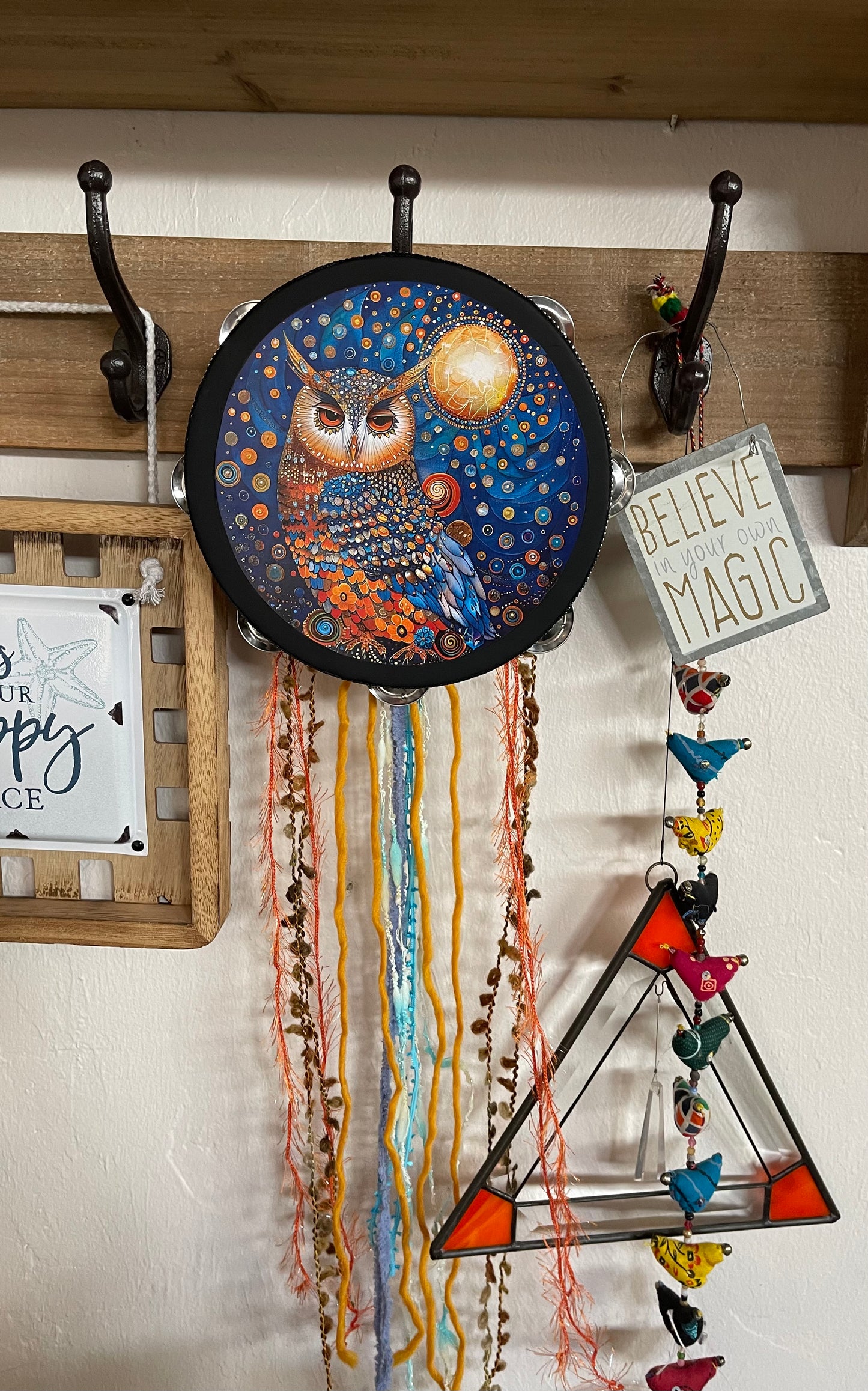 Owl Spirit Animal Wall Tambourine and Ribbon Hanging, Bodhi Home Decor