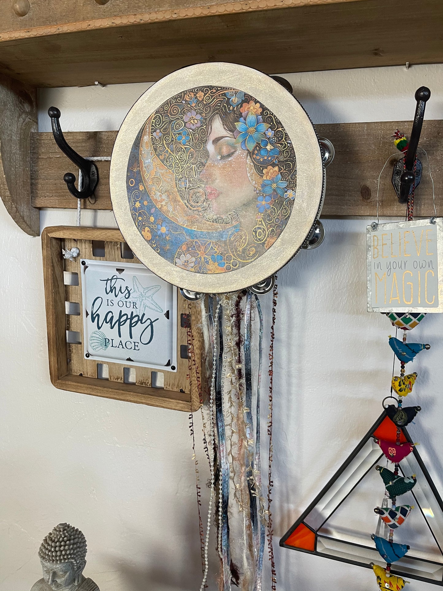 Lady of The Moon, Original Art, Tambourine and Ribbon Wall Hanging, Bodhi Magic
