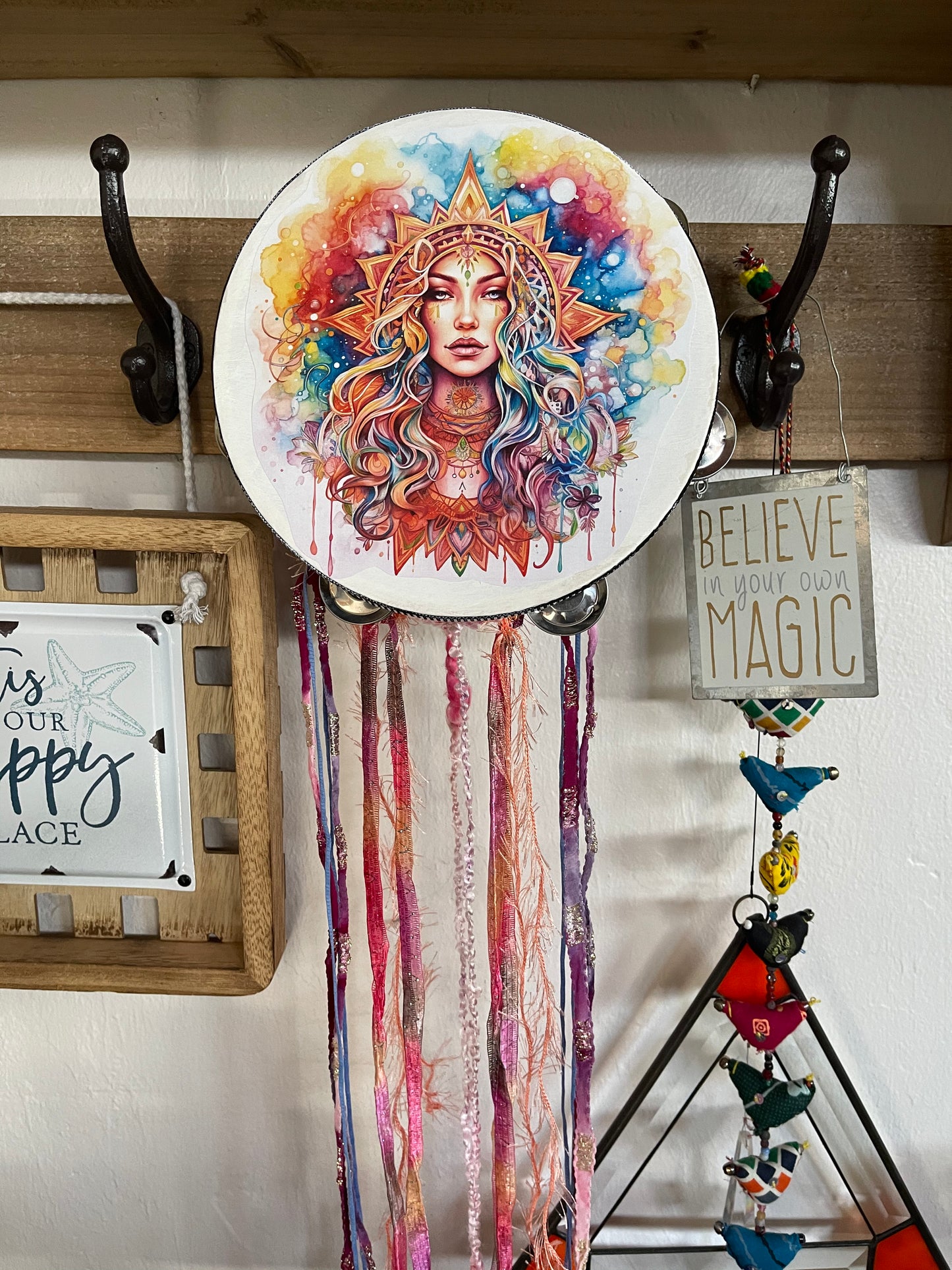 70's Mystical Goddess Tambourine Art and Ribbon Hanging, Original Art, Bodhi Home Decor