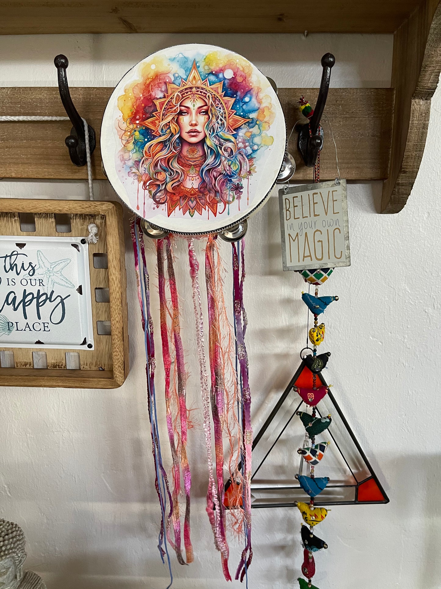 70's Mystical Goddess Tambourine Art and Ribbon Hanging, Original Art, Bodhi Home Decor