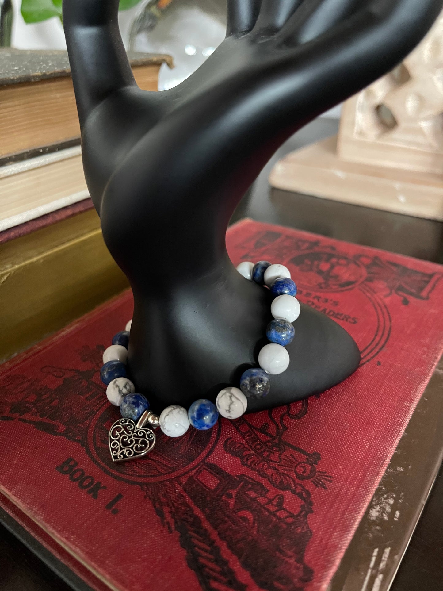 Goddess Hand Beaded Bracelet with White Howlite and Sodalite Beads, Bodhi Jewelry