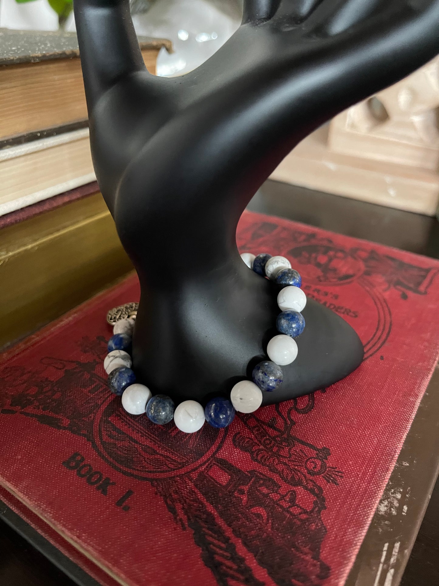 Goddess Hand Beaded Bracelet with White Howlite and Sodalite Beads, Bodhi Jewelry