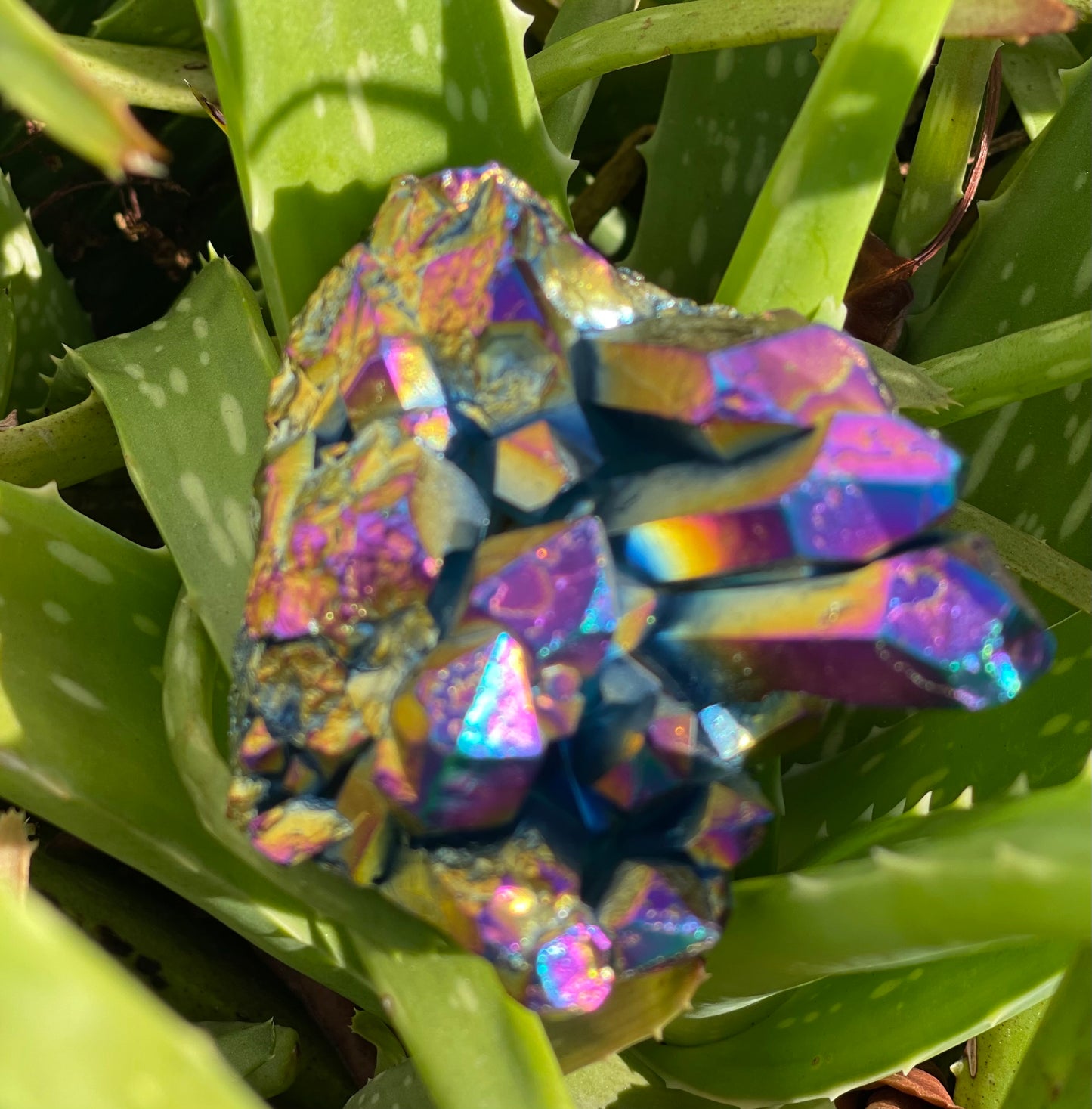Large Unique Rainbow Aqua Aura Quartz Crystal Cluster, Crystal Magic