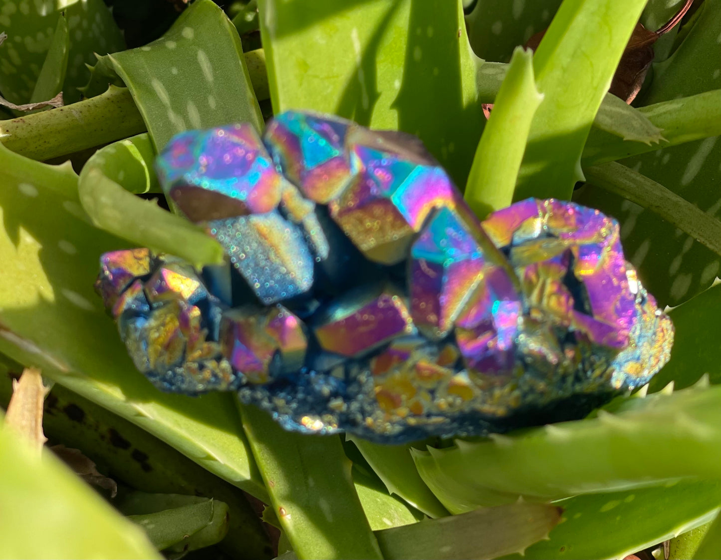 Large Unique Rainbow Aqua Aura Quartz Crystal Cluster, Crystal Magic