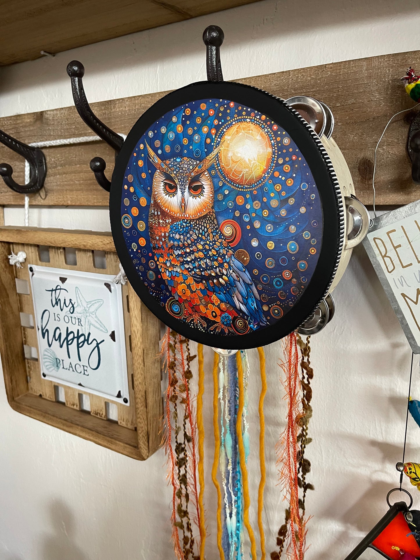 Owl Spirit Animal Wall Tambourine and Ribbon Hanging, Bodhi Home Decor