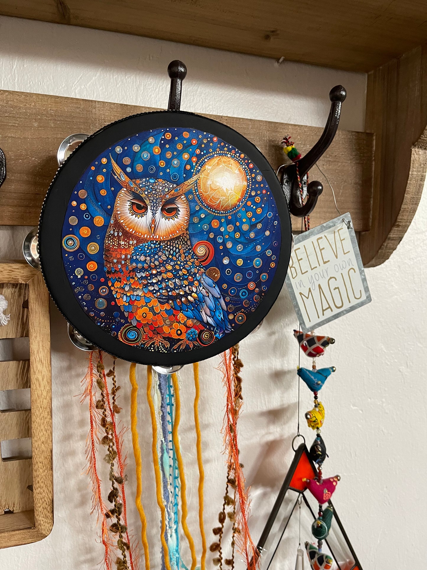 Owl Spirit Animal Wall Tambourine and Ribbon Hanging, Bodhi Home Decor