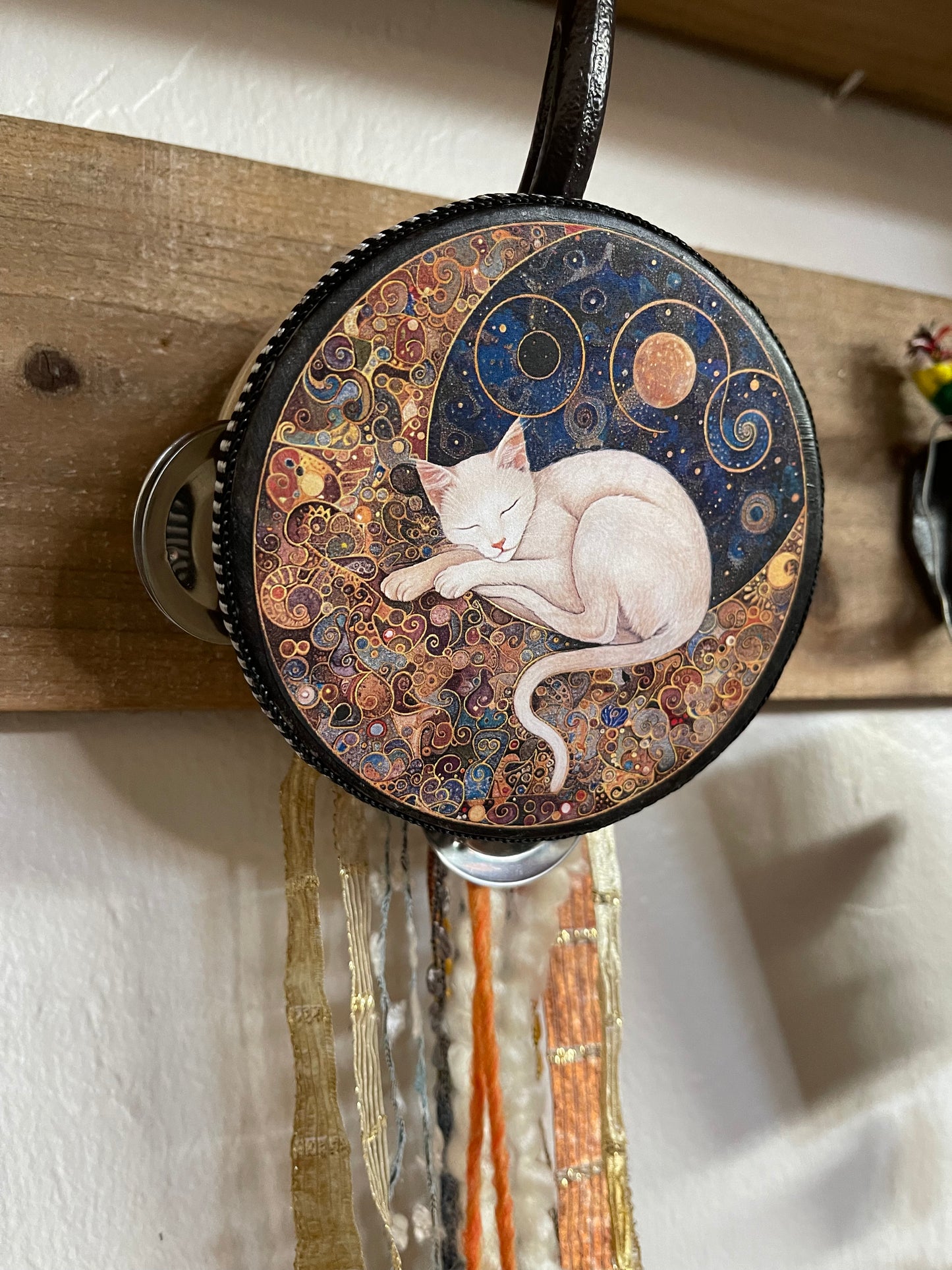 Charmed Mystical Moon Cat Tambourine and Ribbon Wall Accent with Moon Charm, Bodhi Home Decor