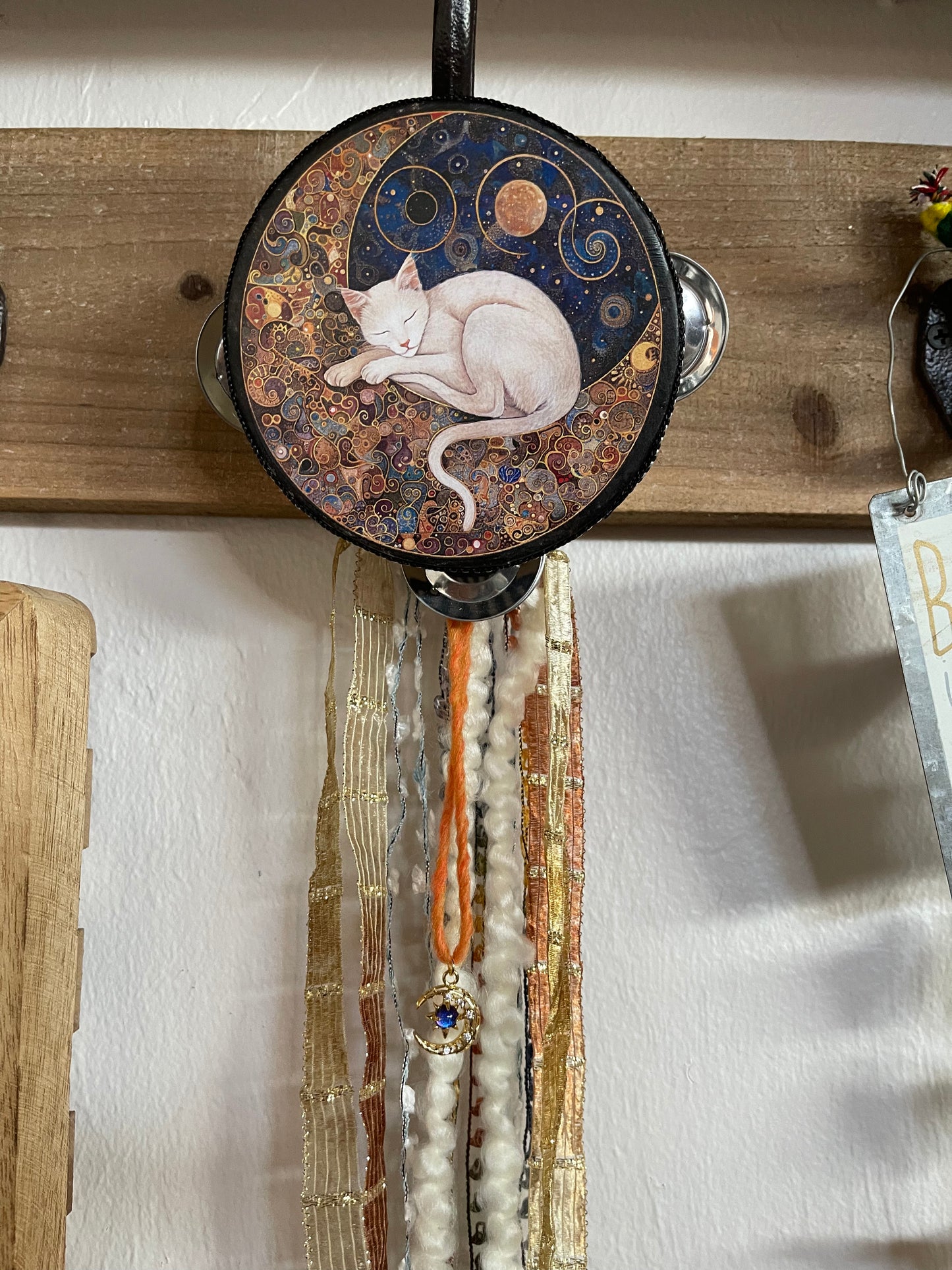 Charmed Mystical Moon Cat Tambourine and Ribbon Wall Accent with Moon Charm, Bodhi Home Decor