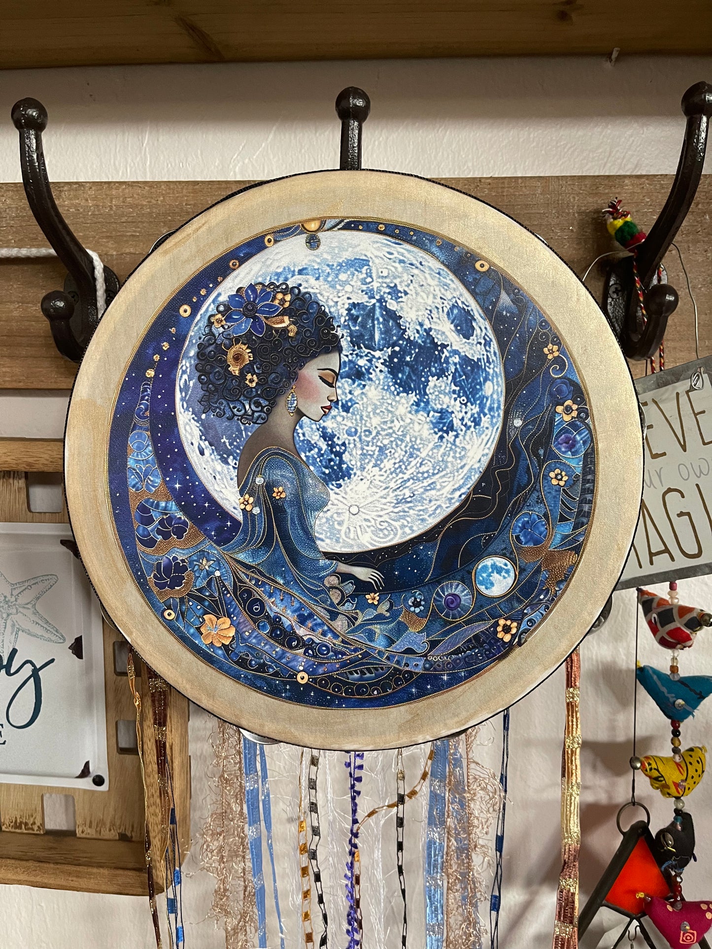 Beautiful Blue Moon Mystical Goddess Tambourine and Ribbon Wall Art, Bodhi Goddess