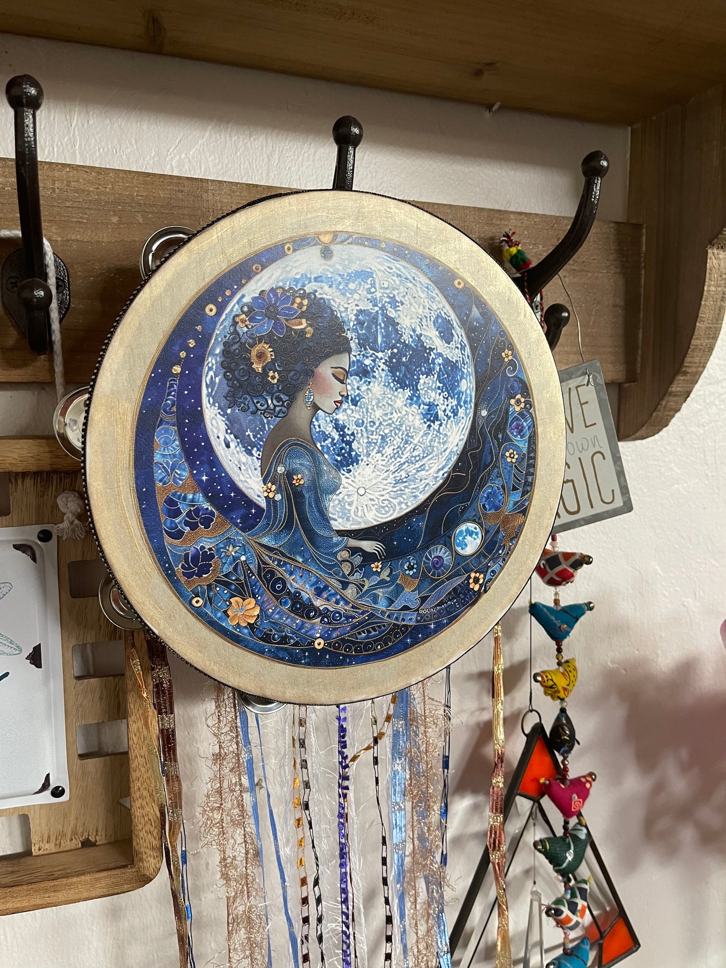 Beautiful Blue Moon Mystical Goddess Tambourine and Ribbon Wall Art, Bodhi Goddess