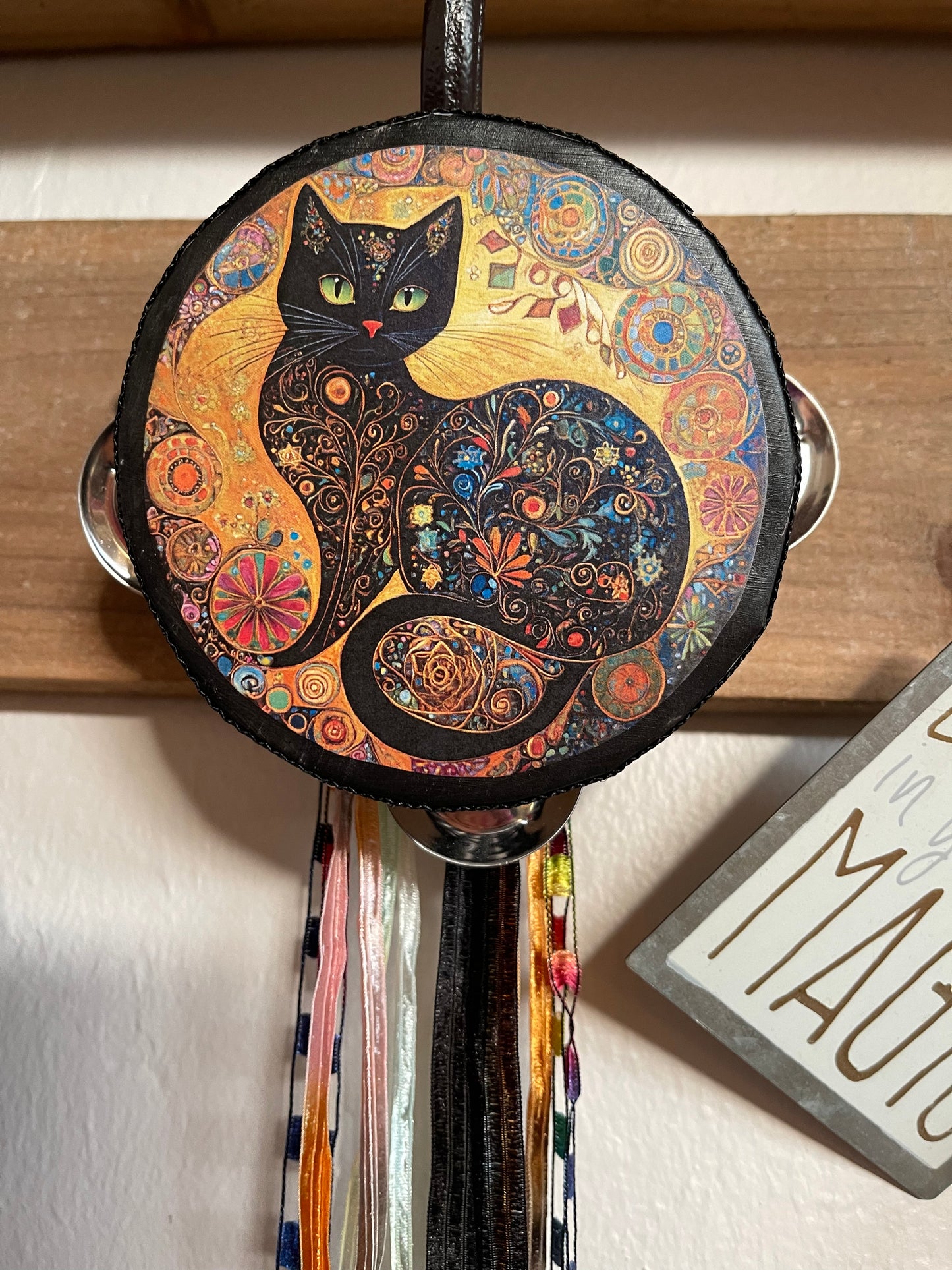 Mystical Black Cat Tambourine and Ribbon Wall Hanging, Bodhi Home Decor