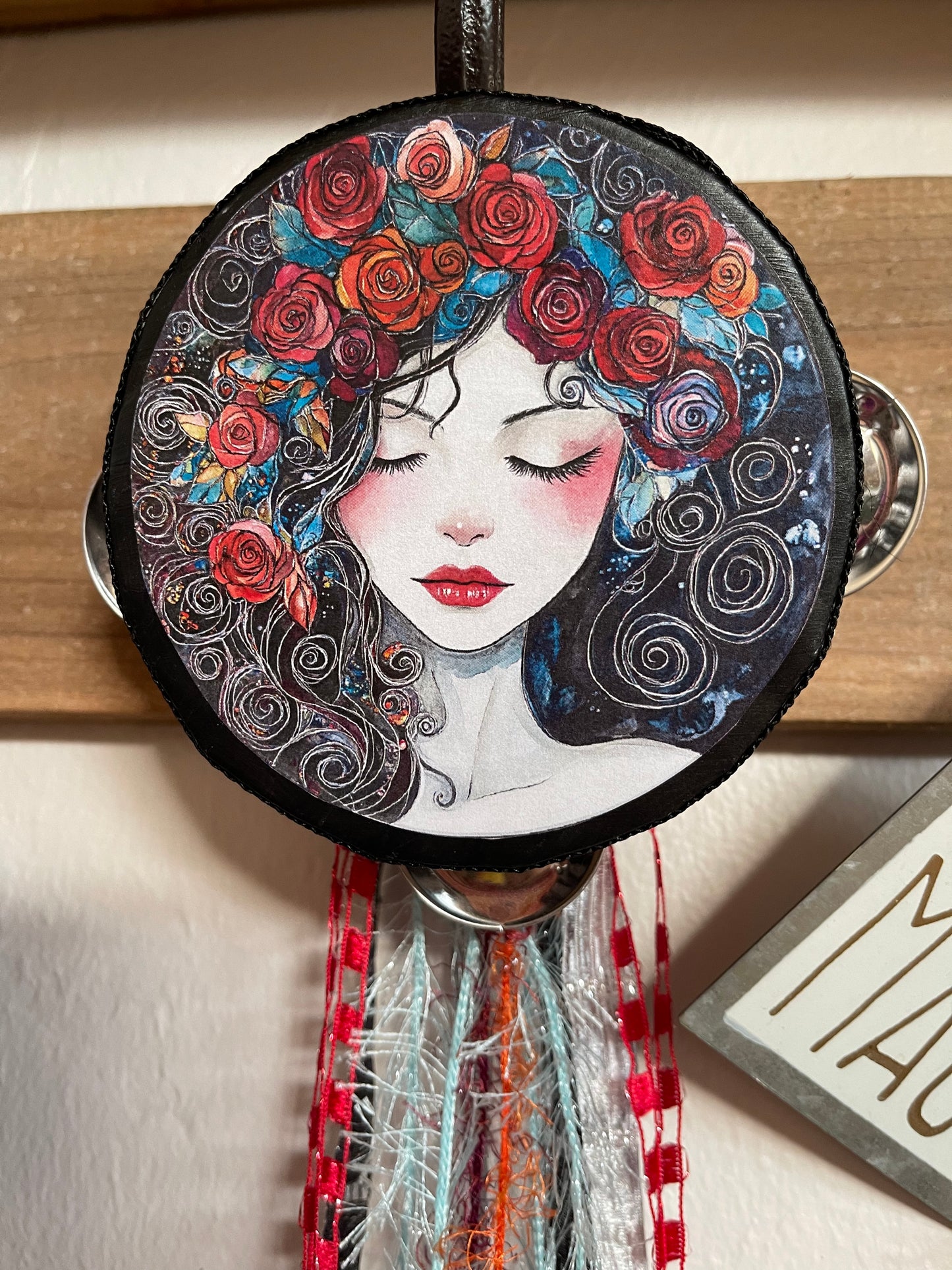 Floral Goddess Tambourine and Ribbon Wall Accent, Bodhi Home Decor