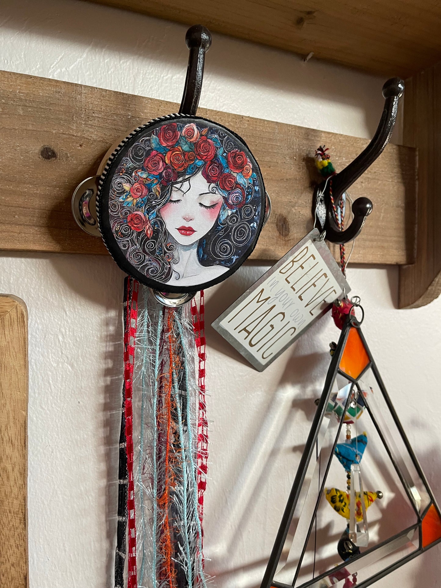 Floral Goddess Tambourine and Ribbon Wall Accent, Bodhi Home Decor