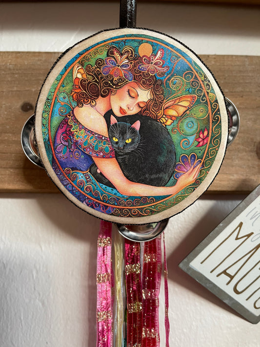 Fairy Art, Fairy Tambourine and Ribbon Wall Accent, Fantasy Art, Black Cat