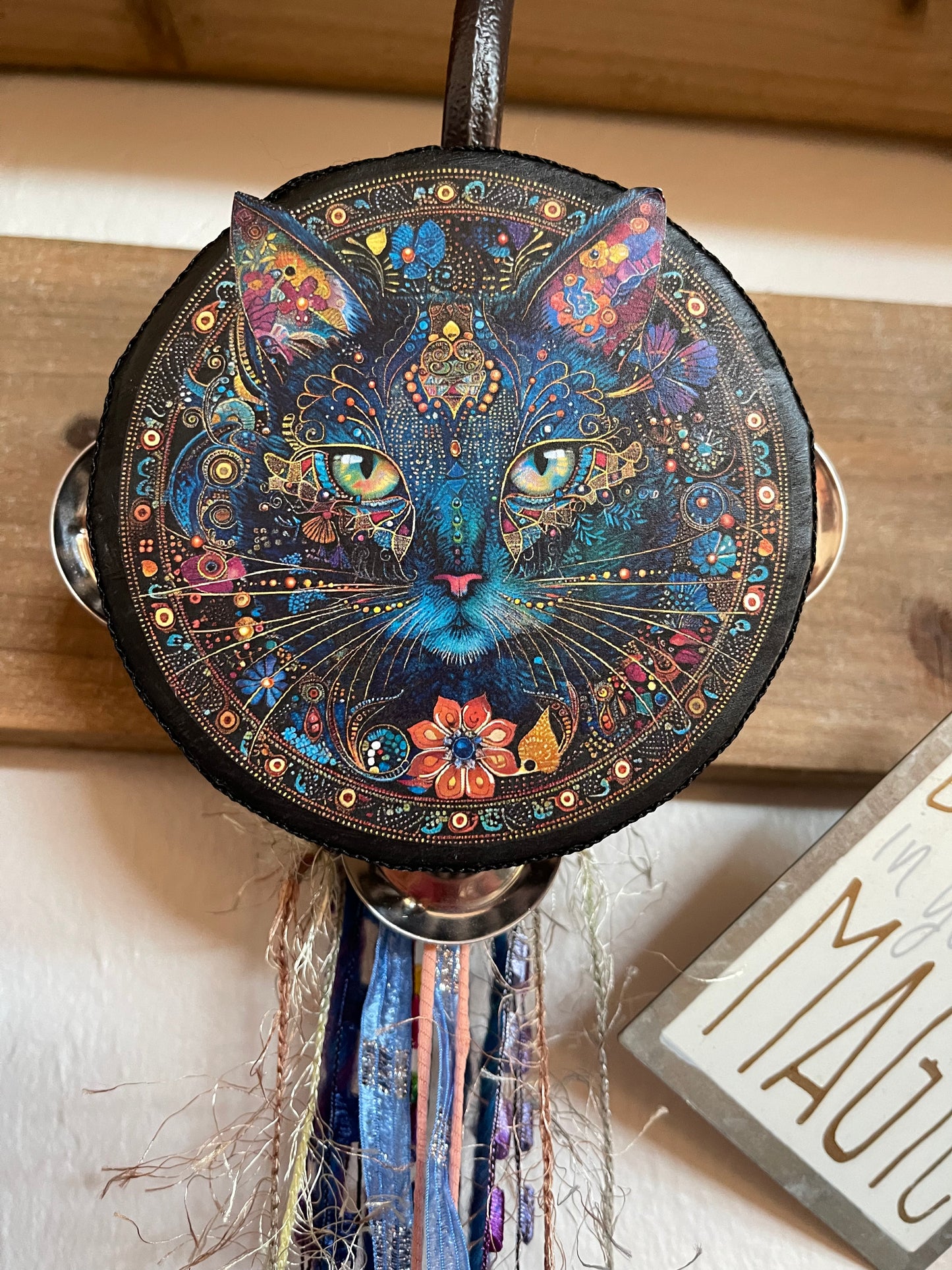 Charmed Mystical Cat Tambourine with Ribbon and Charm, Bodhi Home Decor