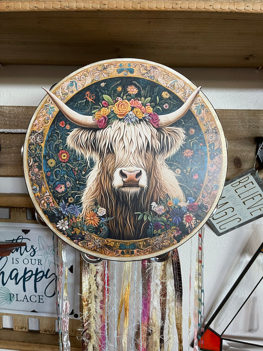 Floral Highland Cow Tambourine and Wall Decor, Farmhouse Style