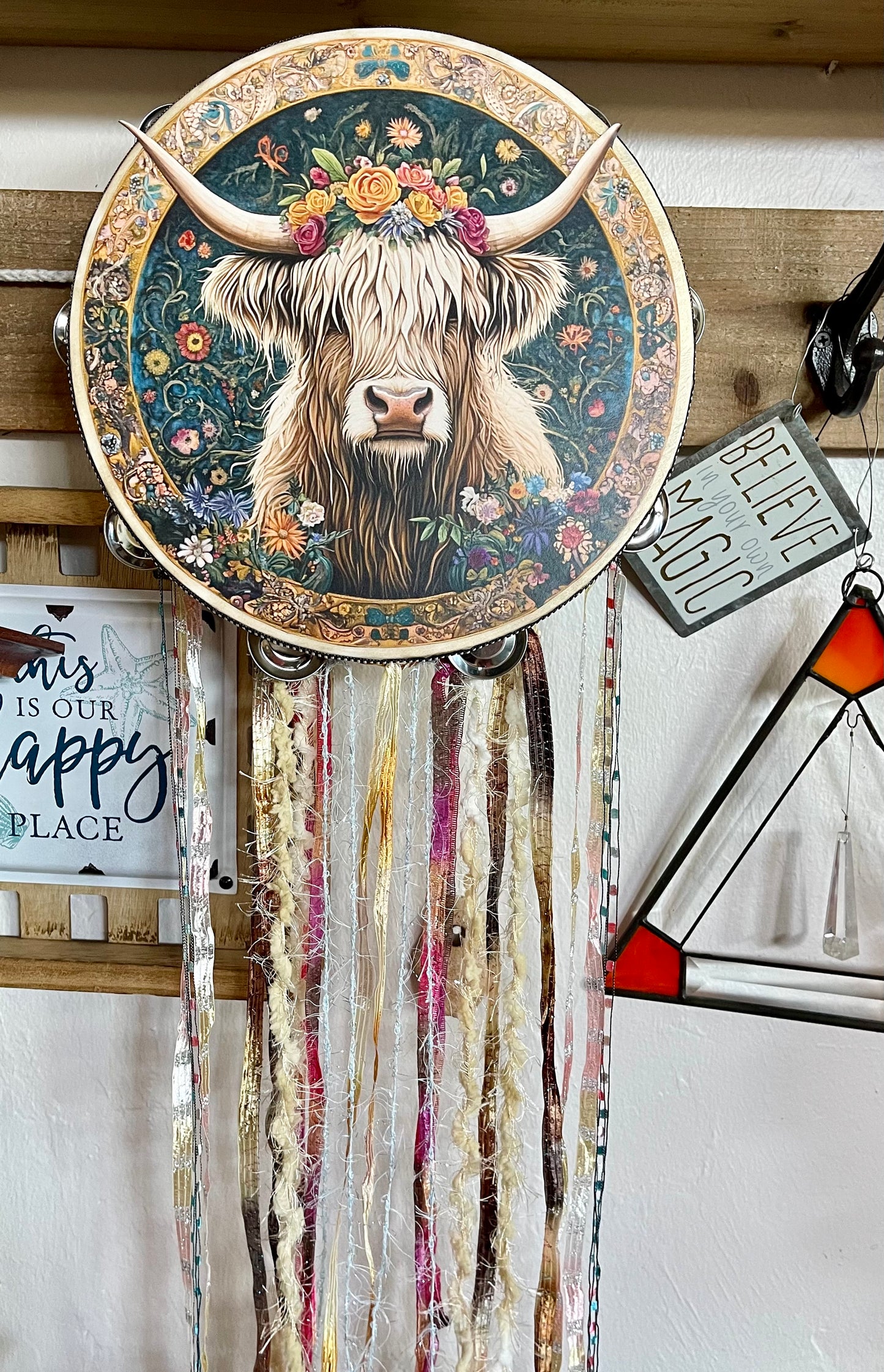 Floral Highland Cow Tambourine and Wall Decor, Farmhouse Style