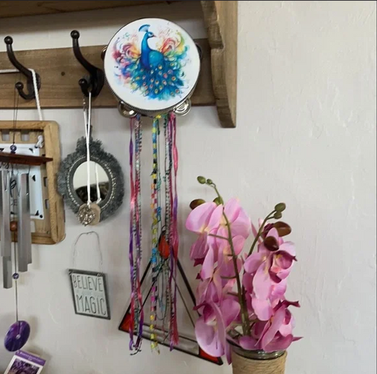 Mystical Peacock Tambourine and Ribbon Wall Art, Bodhi Gifts