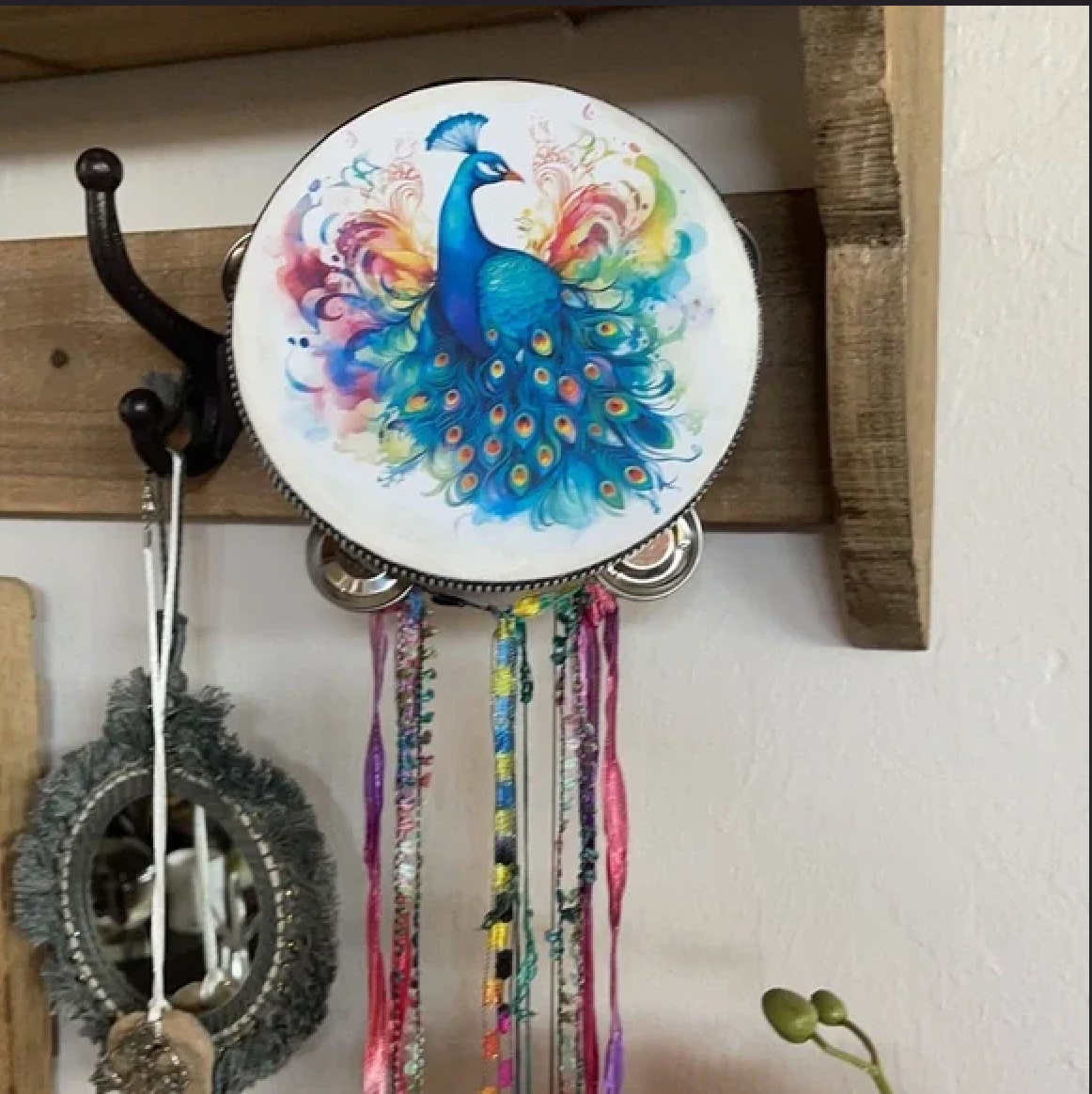 Mystical Peacock Tambourine and Ribbon Wall Art, Bodhi Gifts
