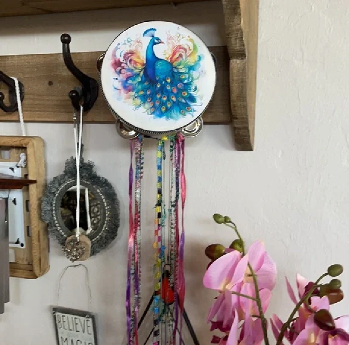 Mystical Peacock Tambourine and Ribbon Wall Art, Bodhi Gifts