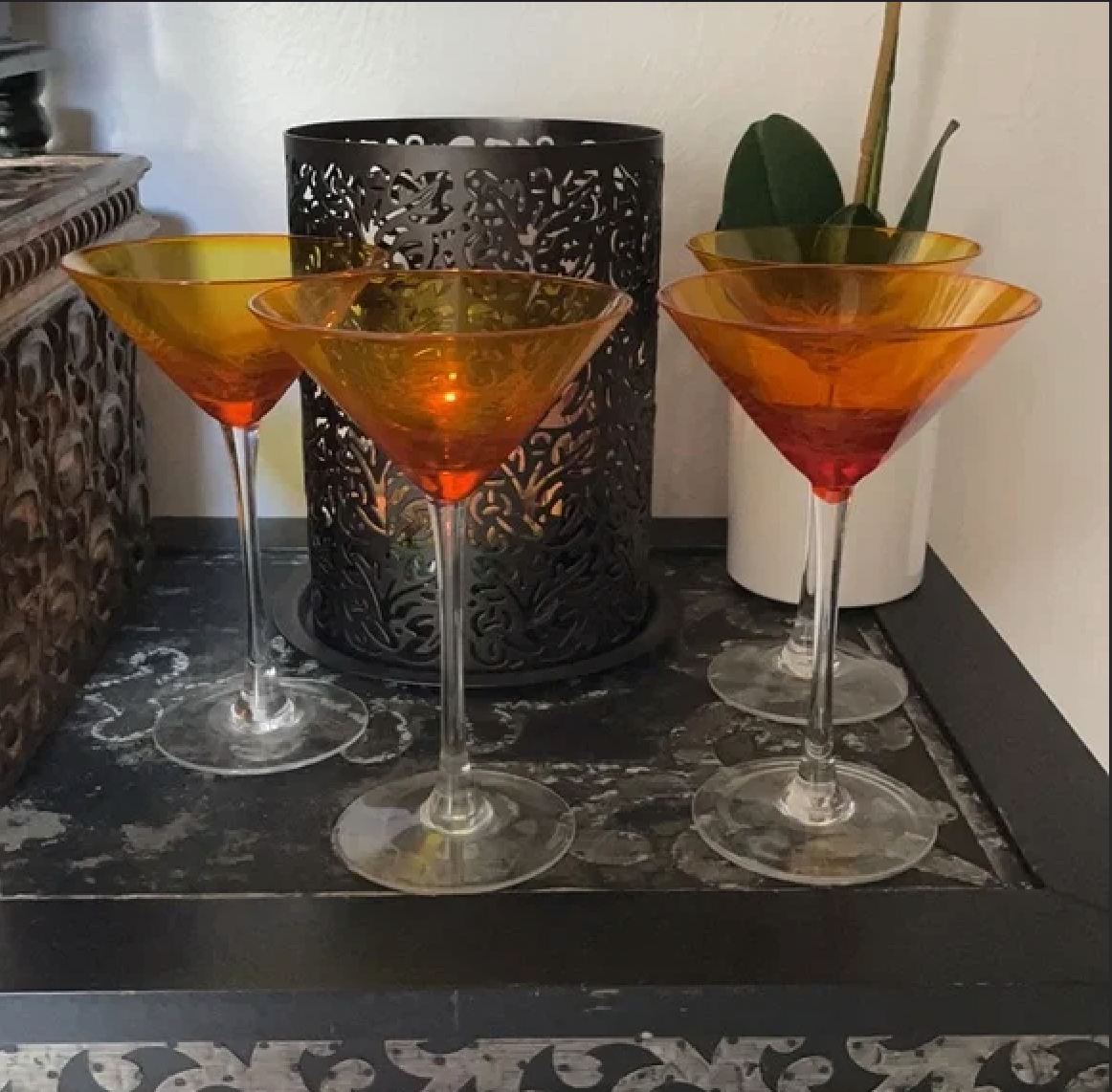 Stunning Orange Martini Glass with Etched Leaf Pattern Vintage