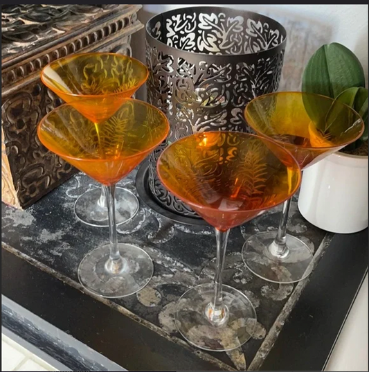Stunning Orange Martini Glass with Etched Leaf Pattern Vintage