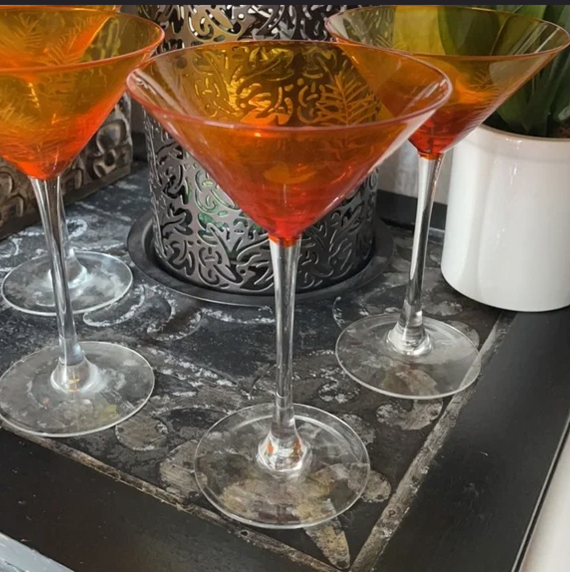 Stunning Orange Martini Glass with Etched Leaf Pattern Vintage