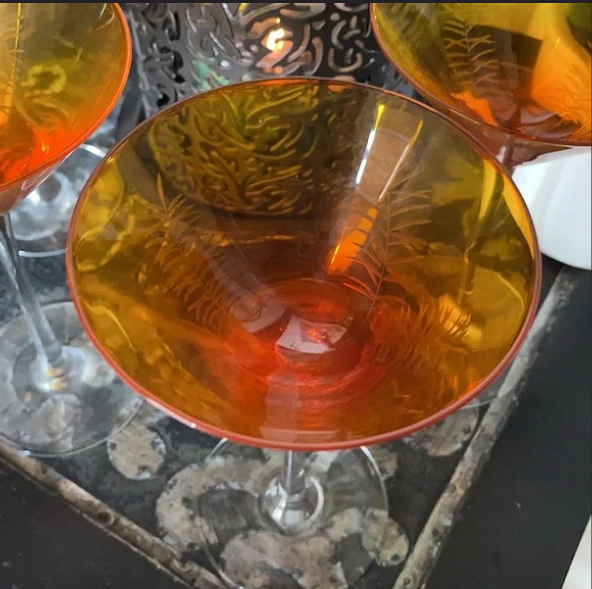 Stunning Orange Martini Glass with Etched Leaf Pattern Vintage