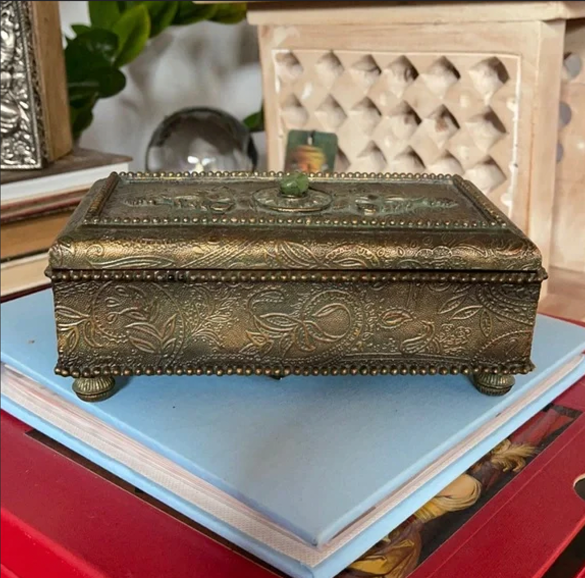 Vintage Decorator Box with Jade Stone on Lid, Bodhi Home Decor
