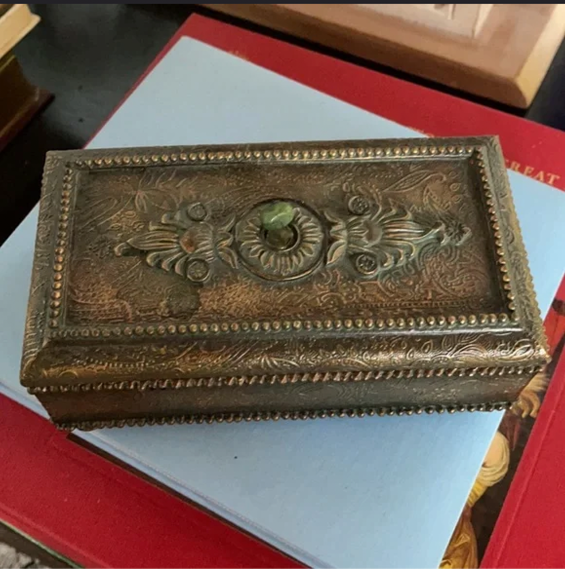 Vintage Decorator Box with Jade Stone on Lid, Bodhi Home Decor