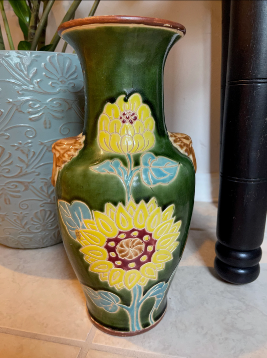 Large Vintage Sunflower Vase, Lion Face Vase, Old World Pottery, Garden Accents, Patio Decor, Home Decor, Office Accent, Tuscan Accent