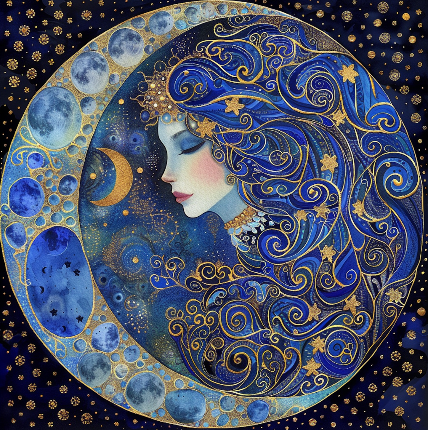 Beautiful Blue Moon Mystical Goddess Tambourine and Ribbon Wall Art, Bodhi Goddess