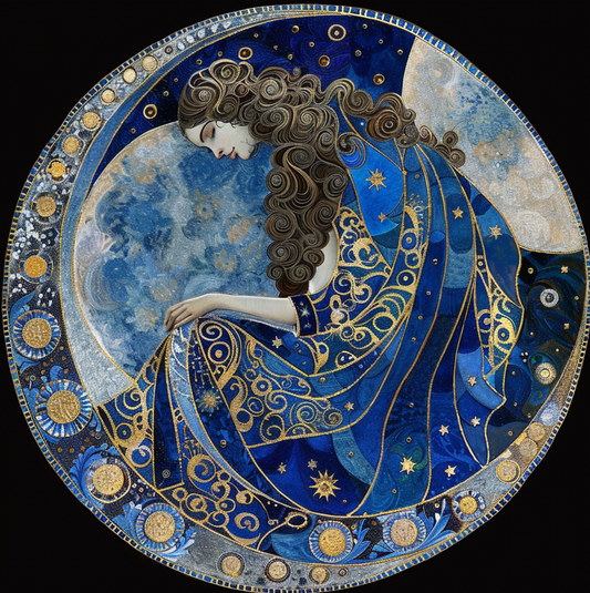 Beautiful Blue Moon Mystical Goddess Tambourine and Ribbon Wall Art, Bodhi Goddess