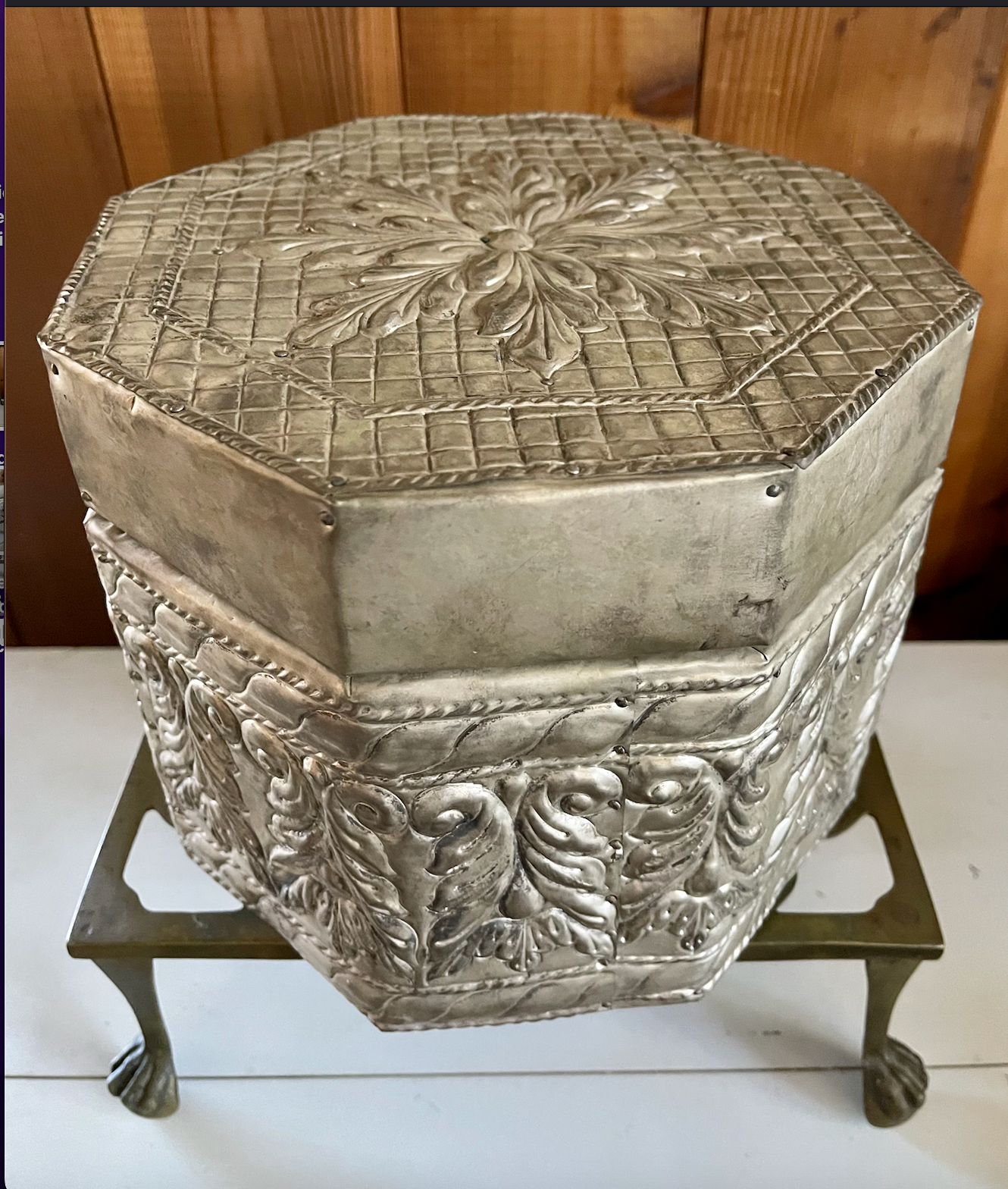 Stunning and Rare Stamped Tin and Nail Vintage Hexagon Box with Footed Metal Stand, Bodhi Vintage