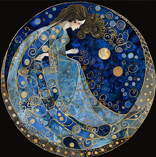Beautiful Blue Moon Mystical Goddess Tambourine and Ribbon Wall Art, Bodhi Goddess
