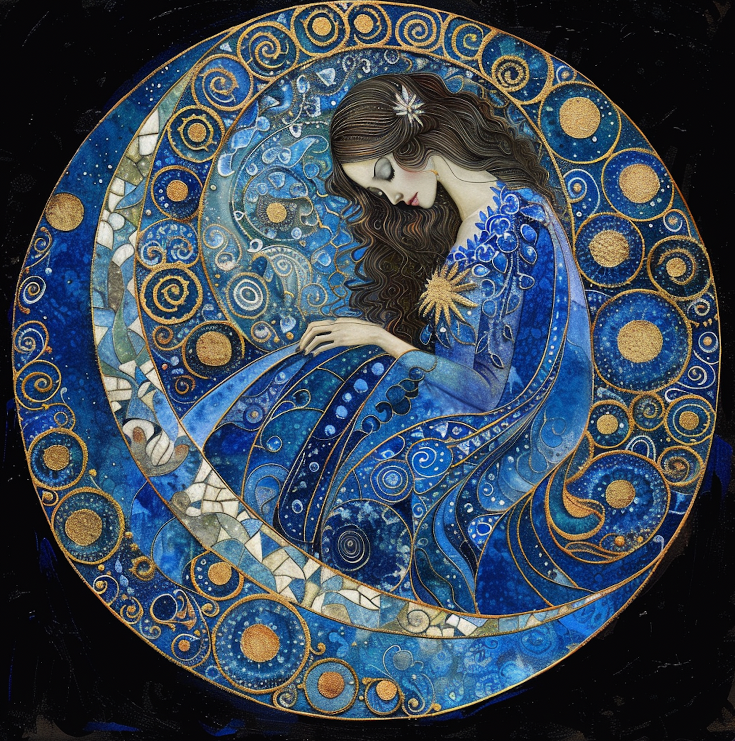 Beautiful Blue Moon Mystical Goddess Tambourine and Ribbon Wall Art, Bodhi Goddess
