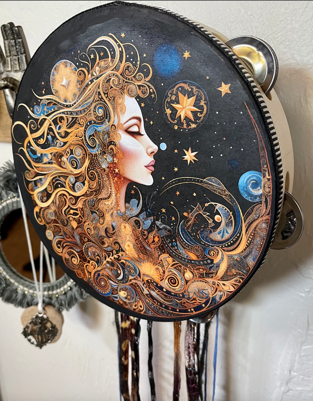 Mystical Moon Goddess Tambourine and Ribbon Wall Art, Bodhi Goddess