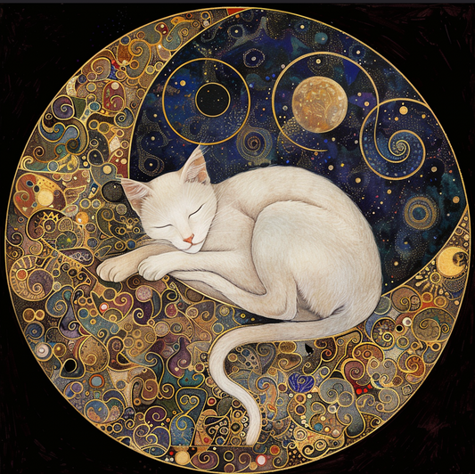 Mystical White Cat and Moon Wall Accent, Tambourine Wall Art, Ribbon Wall Hanging, Canvas, Cat Gift